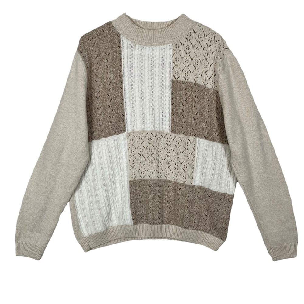 Neutral Colorblock Patchwork Knit Cottagecore Gra… - image 2